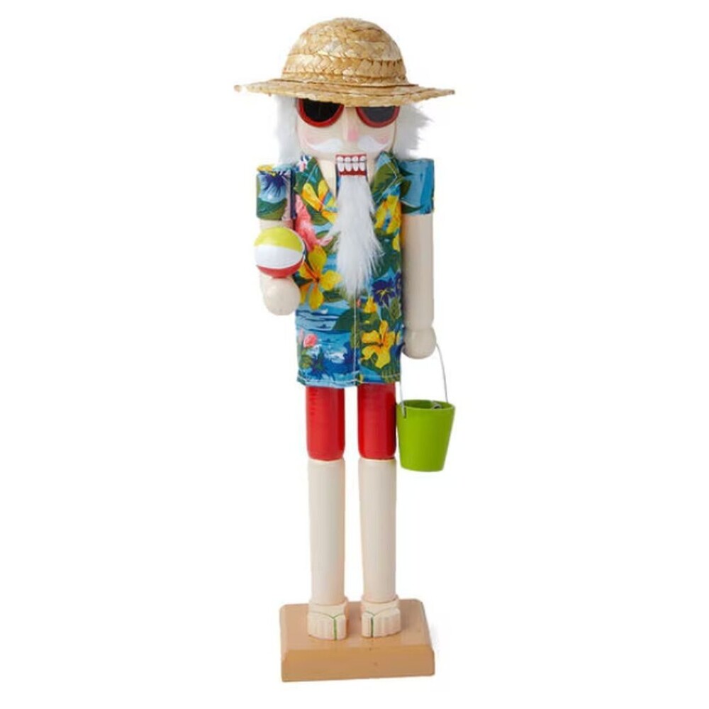 Wooden Christmas Nutcracker, 15", WHITE MALE BEACH SANTA IN STRAW HAT W/BALL,P&T